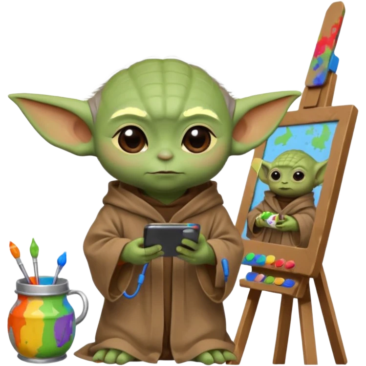 Baby Yoda in his brown robe listening music on his headphones, painting a picture on an easel and surrounded by paint pots. emoji