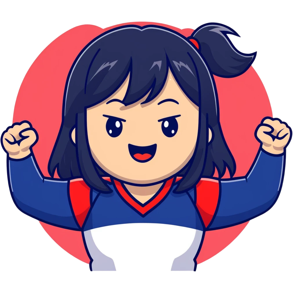 East Asian woman with long black straight hair and bangs wearing navy and white Doosan Bears team colors, cheering emoji