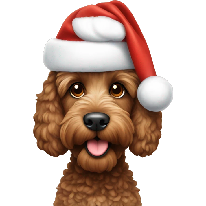 Brown Cockapoo wearing a Santa hat looking happy emoji