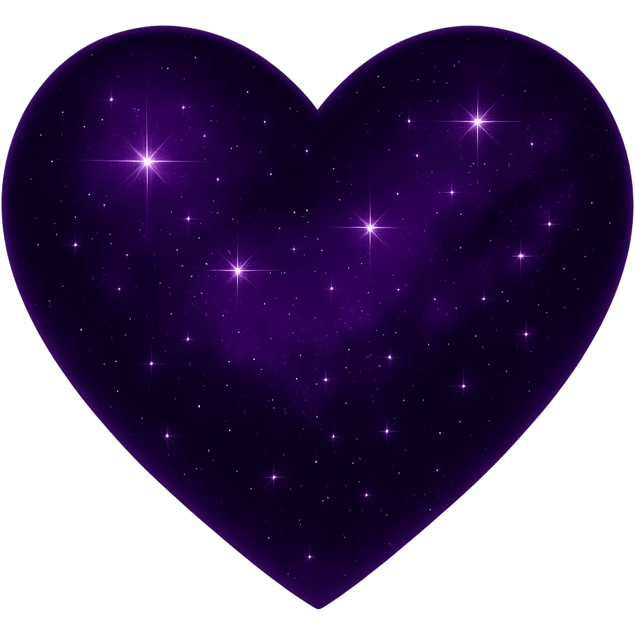Transform the midnight heart into a purple night theme with deep purple and black colors, glowing effect, and more stars. Remove the background entirely. emoji