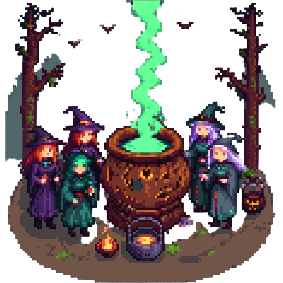 pixel art of a cursed coven, witches gathered around a glowing cauldron, eerie atmosphere emoji