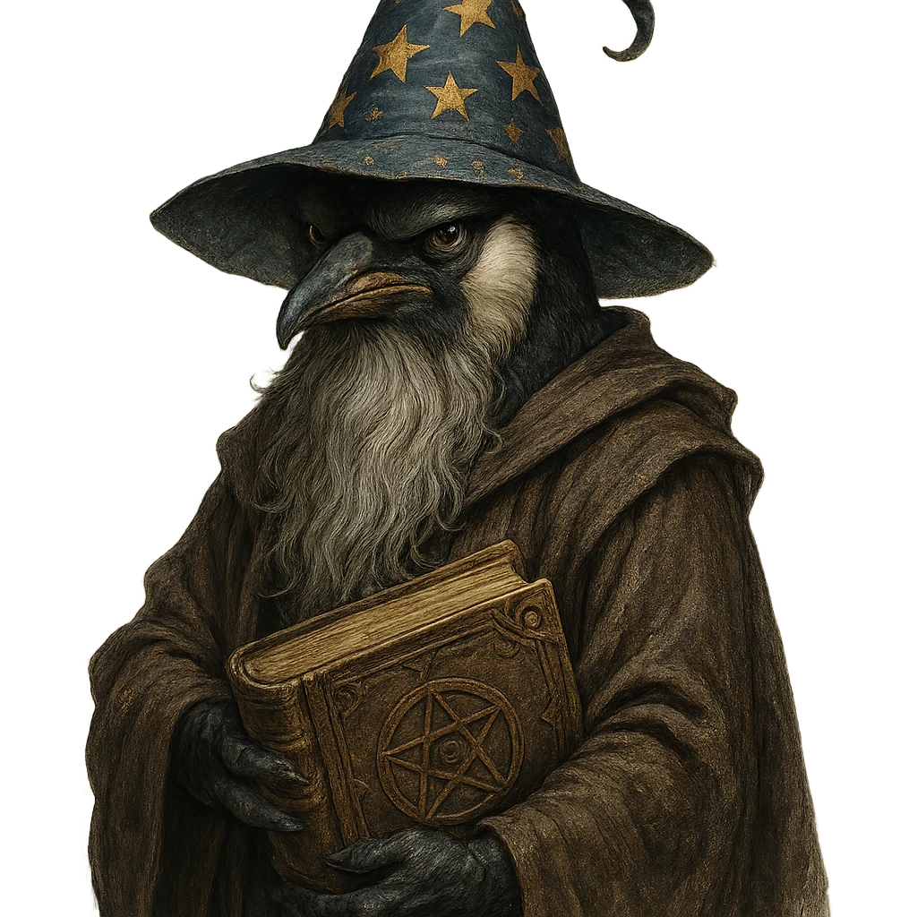 a serious penguin wizard with a long beard, starry hat, and ancient book, detailed fantasy style emoji