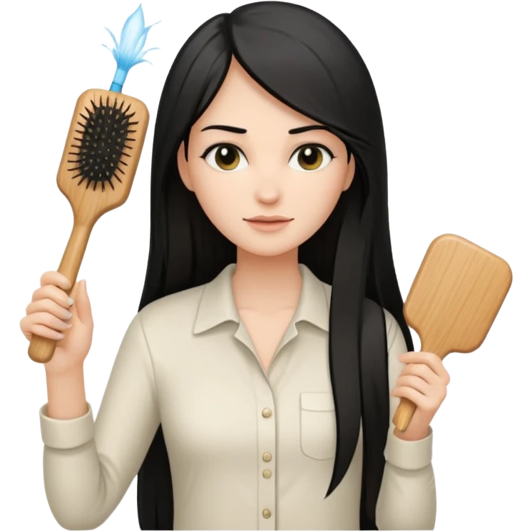 A white woman with long, straight black hair, wearing an ivory-colored shirt, holding a small square wooden paddle hairbrush in her left hand and spraying a hair mist bottle with her right hand toward her hair. emoji