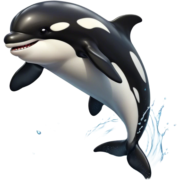 Meme-Worthy Breaching orca Portrait Emoji, Bursting powerfully out of the ocean with an impressive, high-energy leap, showcasing a sleek black-and-white body glistening with water droplets and dynamic, arched posture, Simplified yet exhilaratingly expressive features, highly detailed, glowing with a vibrant marine energy, high shine, bold and full of life, stylized with an air of untamed ocean spirit, soft glowing outline, capturing the essence of an orca mid-breach, radiating pure, unstoppable aquatic power! emoji