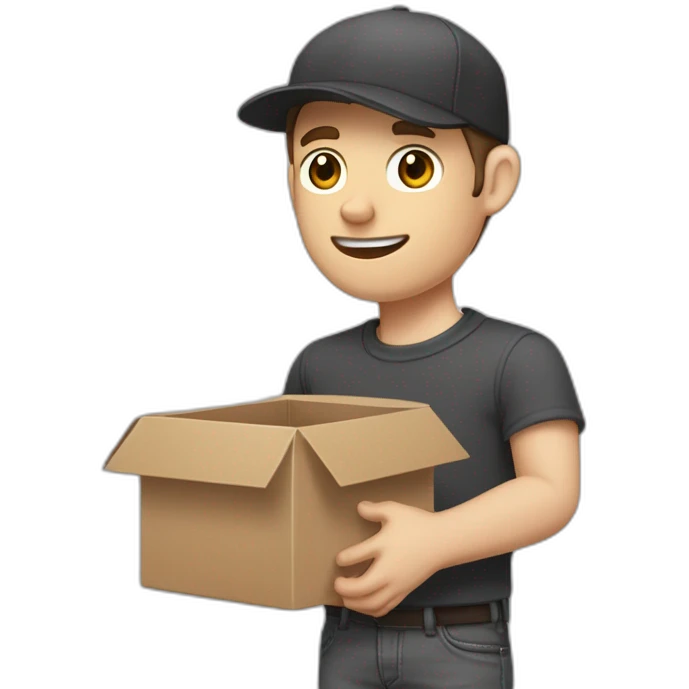 Pale skinned fit Man with dark brown hair in a black cap, gray jeans and brown polo T-shirt keeping a pasted with tape white box into his hands emoji