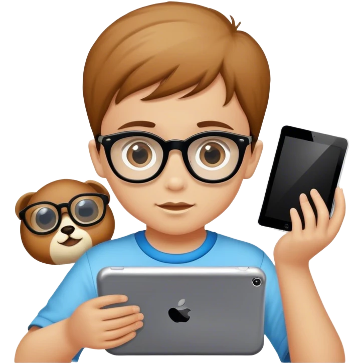 Fai un bambino biondino pallido occhi nocciola  con gli occhiali neri quadrati che gioco con il tablet emoji