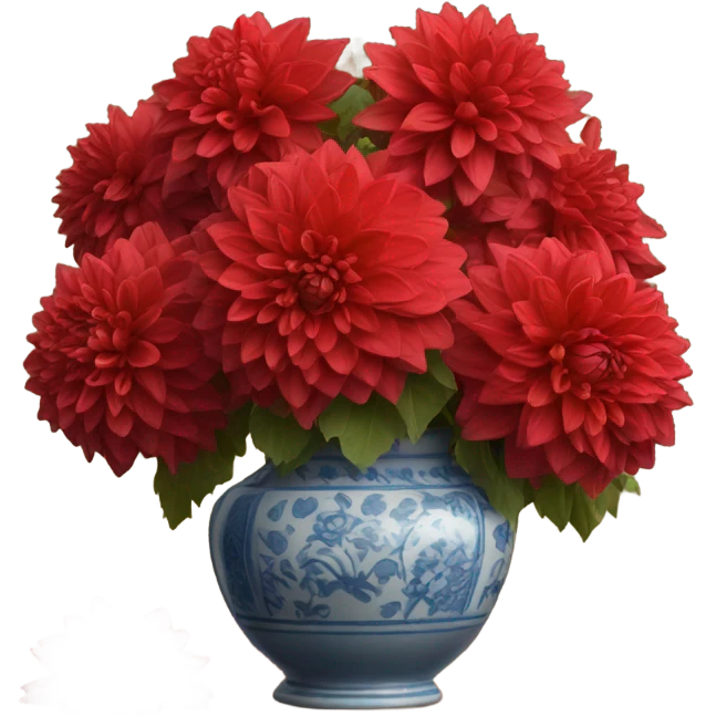 A Parisian-inspired setting with a bouquet of red dahlias in a ceramic vase emoji
