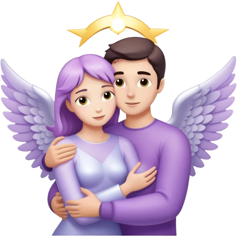 a pastel purple angel woman hugging White brunette man human rays of light emoji