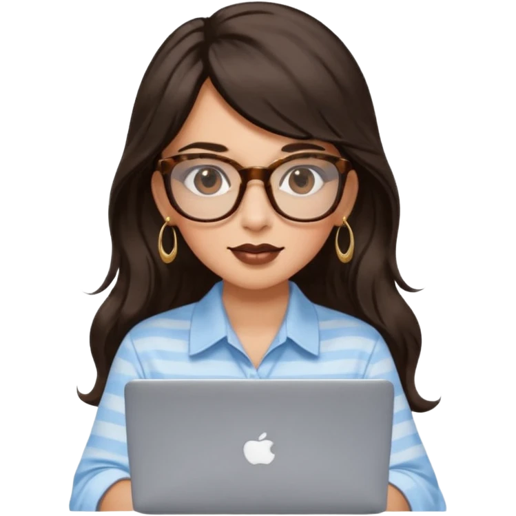 A woman with long wavy dark brown hair and a whispy bang, wearing thick tortoise SQUARE glasses, gold drop earrings. She has long lashes and a nude browny glossy lipstick. She's wearing an oversize light blue shirt with white vertical strips. She's working on a laptop emoji
