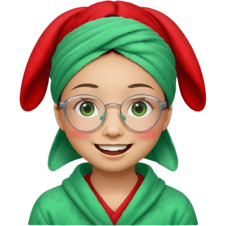 Asian woman wearing a green towel in her head with a broken glasses on her face in red pajamas her smile with rabbit front teeth and the cloth should be red emoji