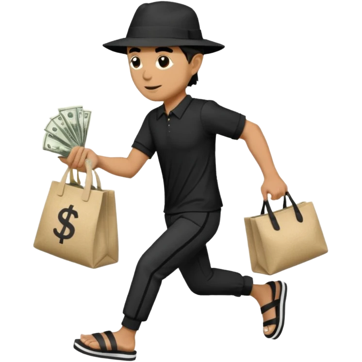 Make a man wear a black pant and he shirt is balck line and white line and wear a black hat and he holding a money bag and he running he wear a black eye thing no money in the Left hand and he yellow and the money bag in the right he wear a flip flop like this is Money bag 💰 NO MONEY emoji