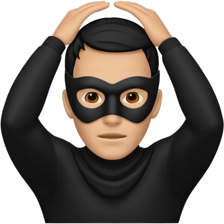 a man in a black mask without eyes and a mouth covers his ears emoji