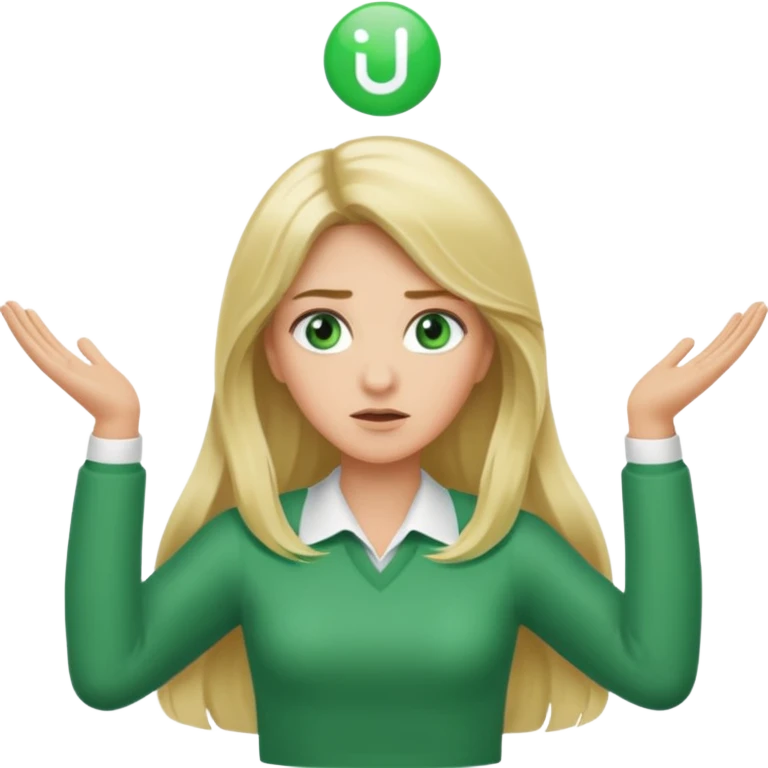 lady with long blonde hair, green eyes throwing arms in the as if confused emoji