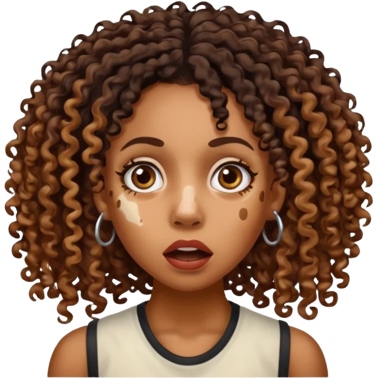 Emoji of a very shocked black female with vitiligo (alot of vitiligo patches) give her more curly hair emoji