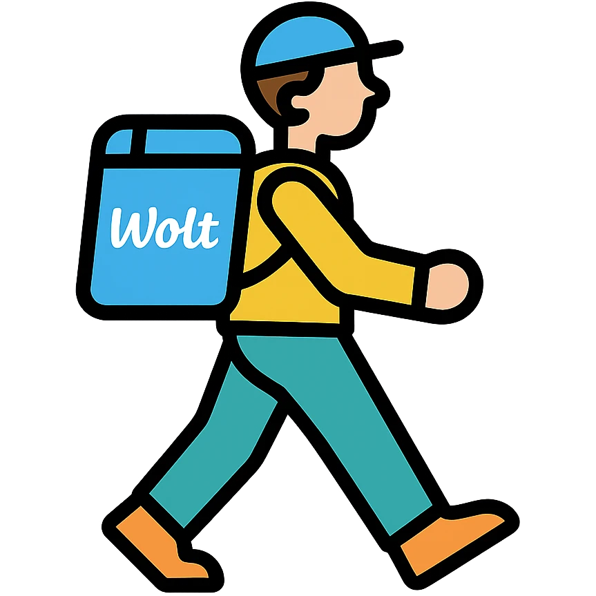 male courier walking with a blue Wolt backpack, minimal style emoji