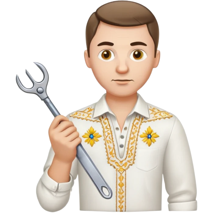 Ukrainian man in white embroidered traditional shirt holding a wrench in one hand and scissors in other hand emoji