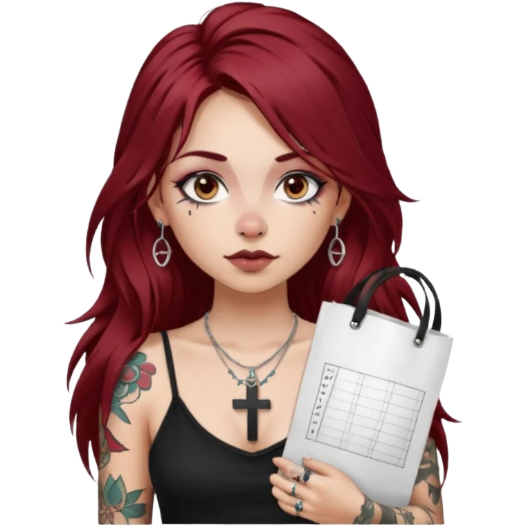generate an ios genmoji of a fair girl with long dark red messy hair with eyeliner on her eyes.  septum piercing, wearing a cami black top, has tattoos, on shoulders. ear piercings. wearing a cross silver necklace. carrying a tote bag on her shoulders with chart paper peeking out. emoji