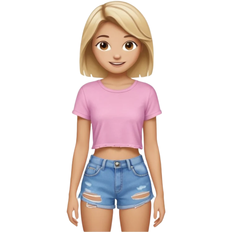 preppy teen girl, tan, blonde highlights, brown hair, long eyelashes, beach aesthetic, wearing cute clothes, sexy, wearing ripped blue baggy jeans with a light pink crop top, a little revealing  emoji