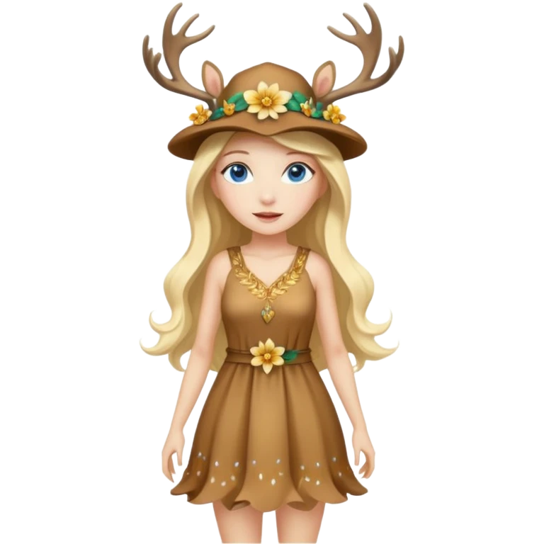 full body woman long blonde hair blue eyes white skin wearing deer hat and golden flower dress emoji