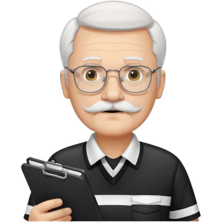 An old stern white hair and mustache, wear glasses referee with a clipboard, monitoring players closely. emoji