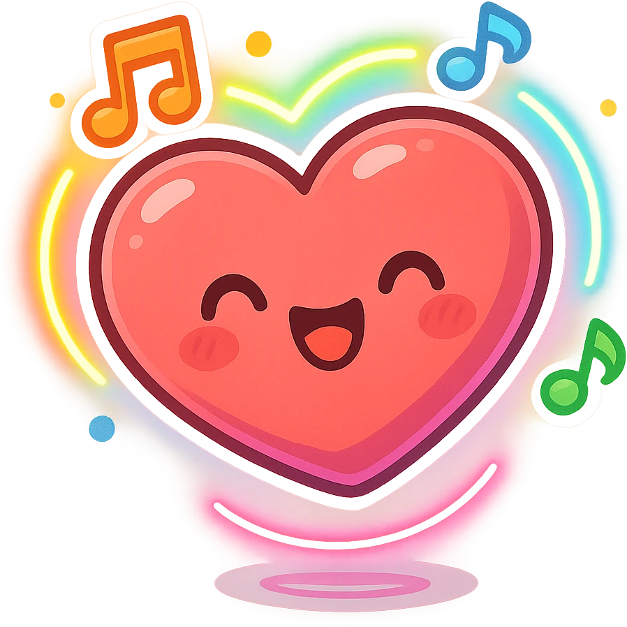 bouncing heart with face surrounded by musical notes neon lights symbolizing happy hardcore energy emoji