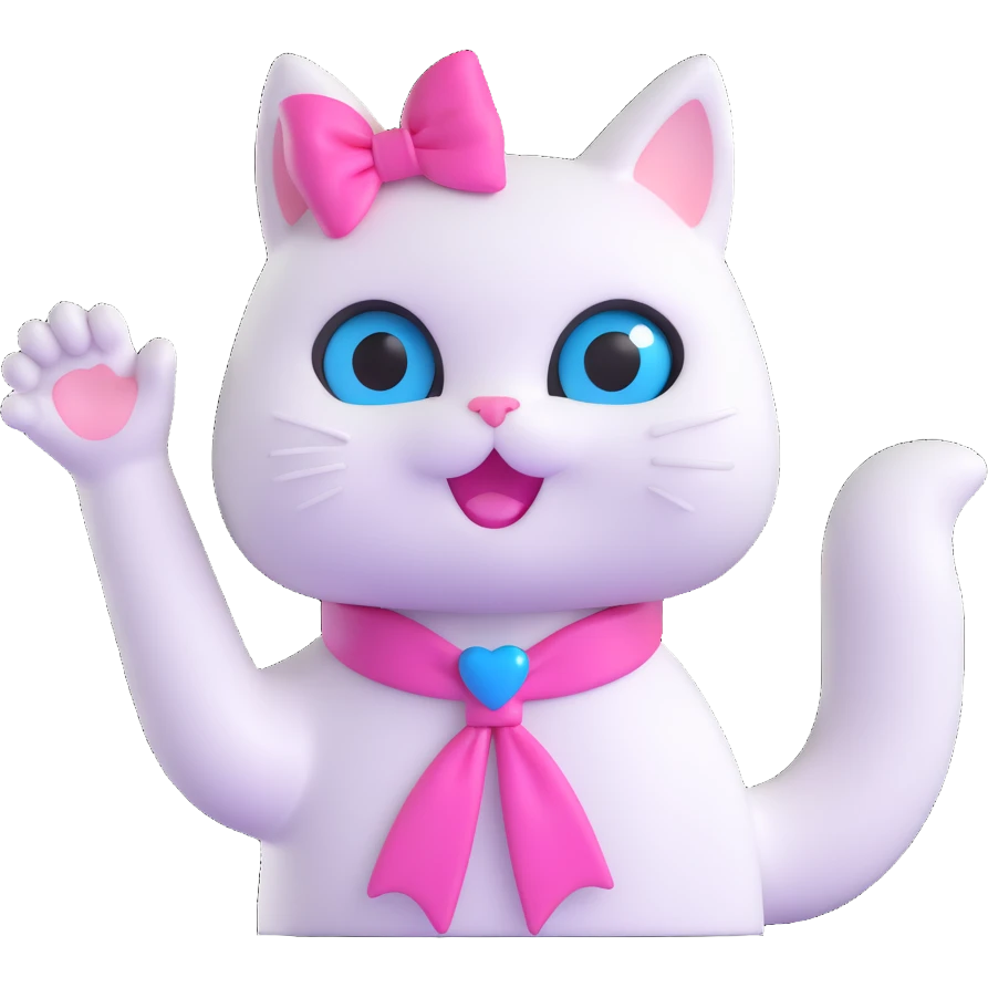 white cat with blue eyes very cute with a pink bow on his neck waving hello emoji