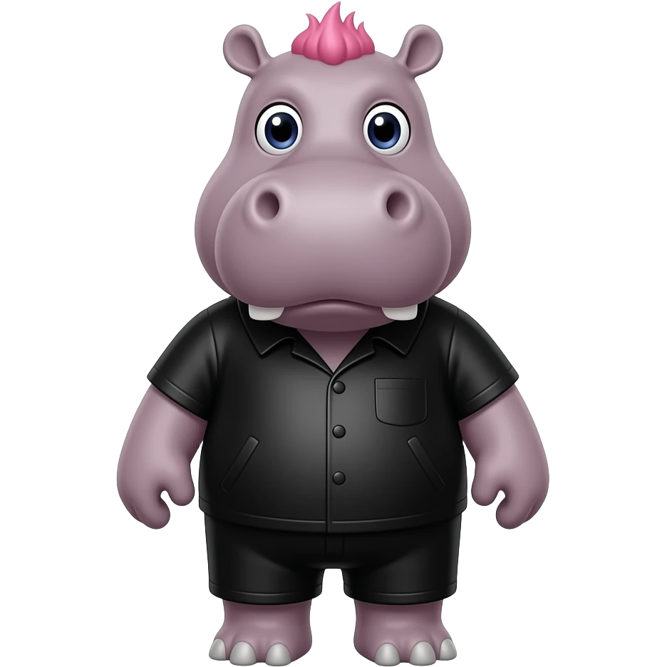 Pink  Haired heavy metal hippo front facing with full black outfit closeup emoji