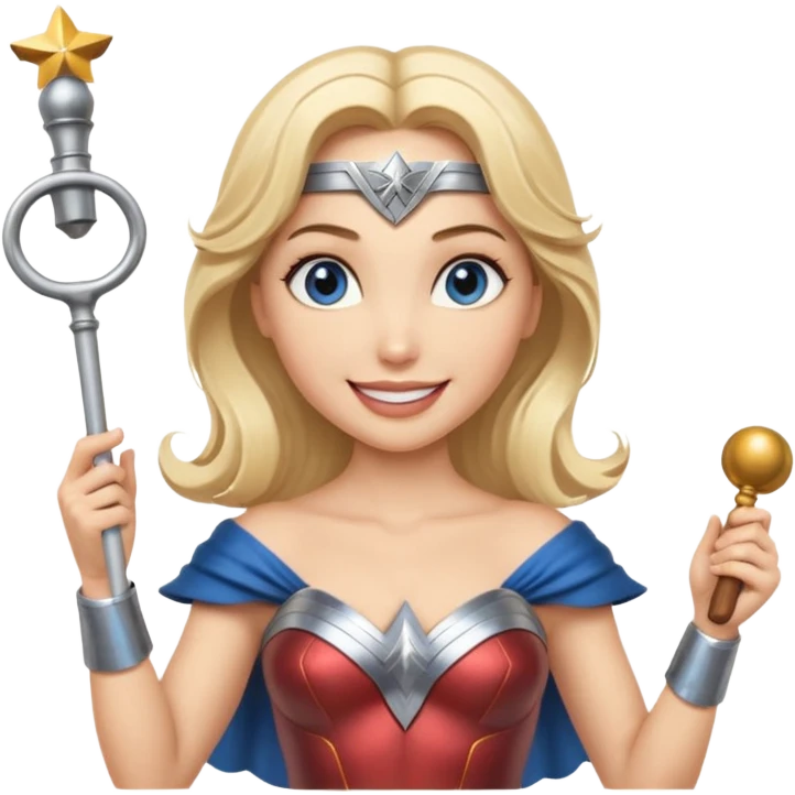Blonde blue eyed Wonder Woman holding white orchestra conductor’s baton and bell  emoji