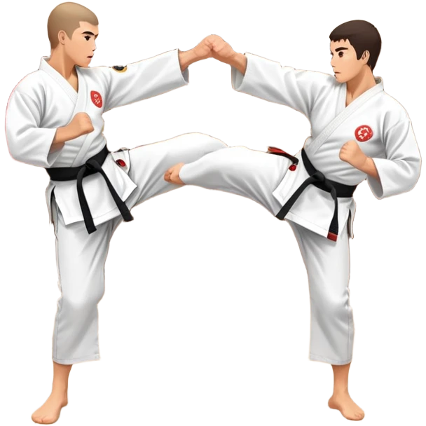 Two karate fighters in traditional gi sparring. One executes a high kick aimed at the opponent’s head, while the other blocks with a strong hand defense. The background features a classic dojo with wooden flooring and banners. Dynamic motion and focused expressions. Transparent background. emoji