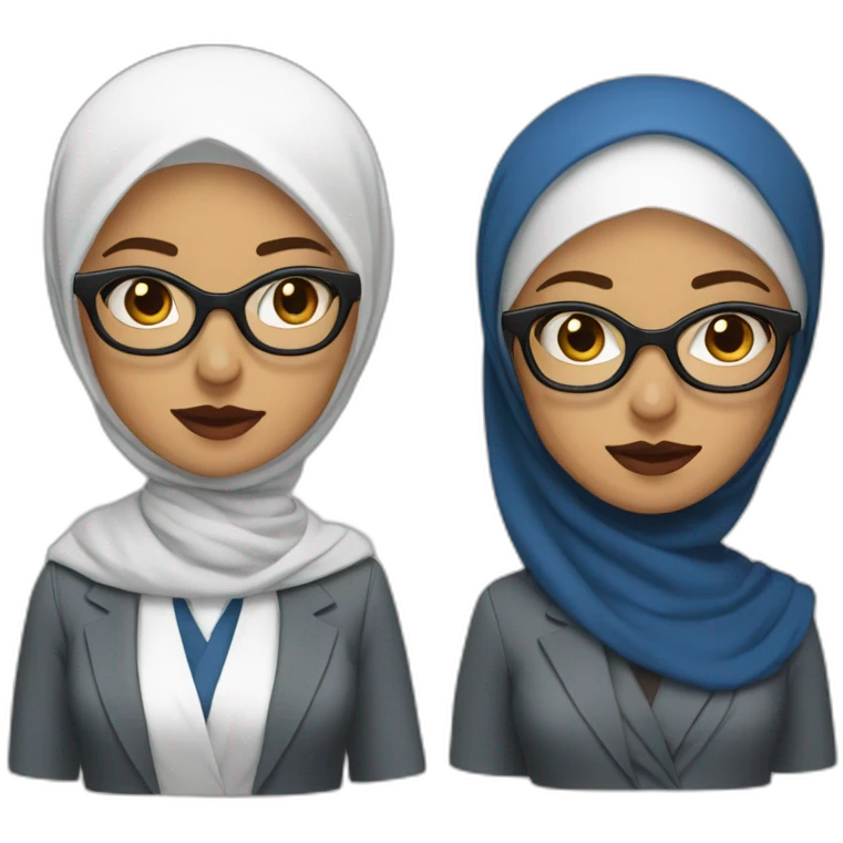 Hijabi white woman with glasses and dark brown eyes wearing a blue suit and red lipstick emoji