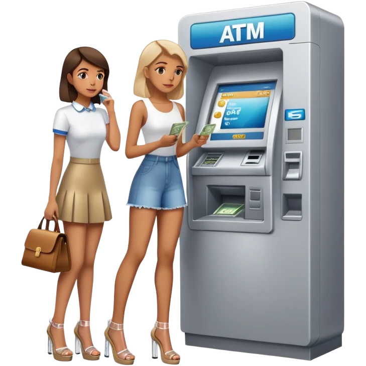 girl wearing clear platform heels, girl waiting beside one atm, with a man taking money out  emoji