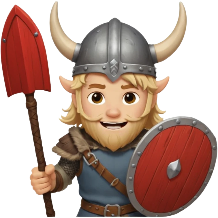 A young Viking warrior with messy blond hair, wooden shield, and fierce excited grin with horned helmet emoji