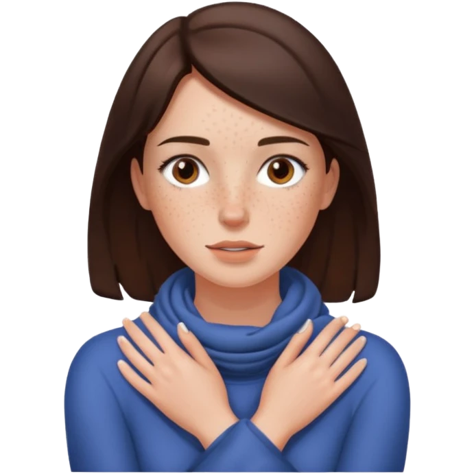 a brunette woman with two hands wrapped opposite around her neck emoji