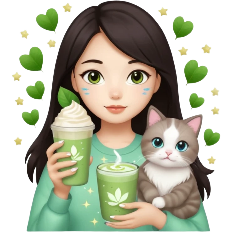 asian girl with shoart dark brown hair with a soft girl glowup aesthetic. matcha latte sparkles girly things, 2 ragdoll cats, skincare, makeup emoji
