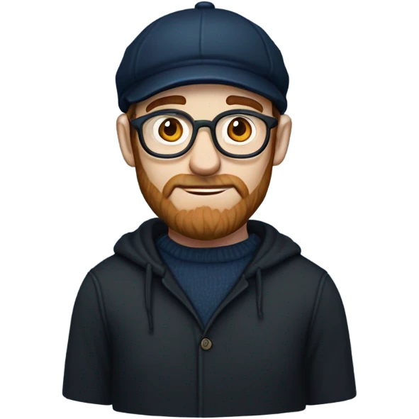 an irish guy with a black newsboy hat in color wearing a navy blue pull over hooded sweater thin frame glasses brown beard and sideburns blue eyes emoji
