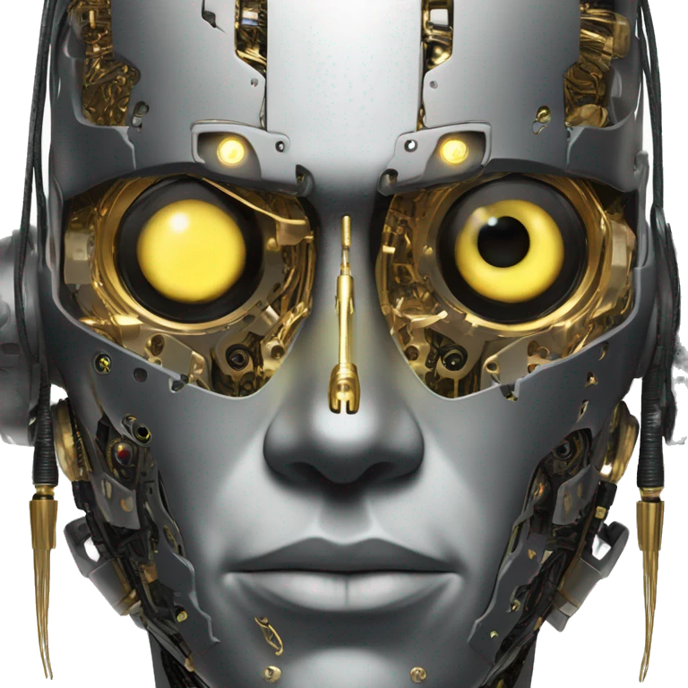 black metal male cyborg head with artificial eyeball, circuitry and wispy yellow gold hair emoji