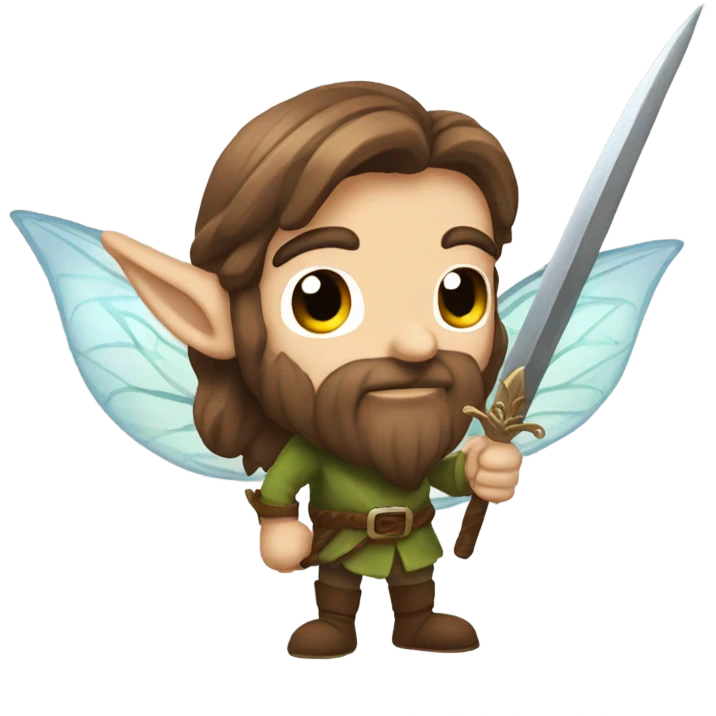 Male, forest fairy, fairy wings, long beard, pointed elf ears, long brown hair, vines, holding medieval sword emoji