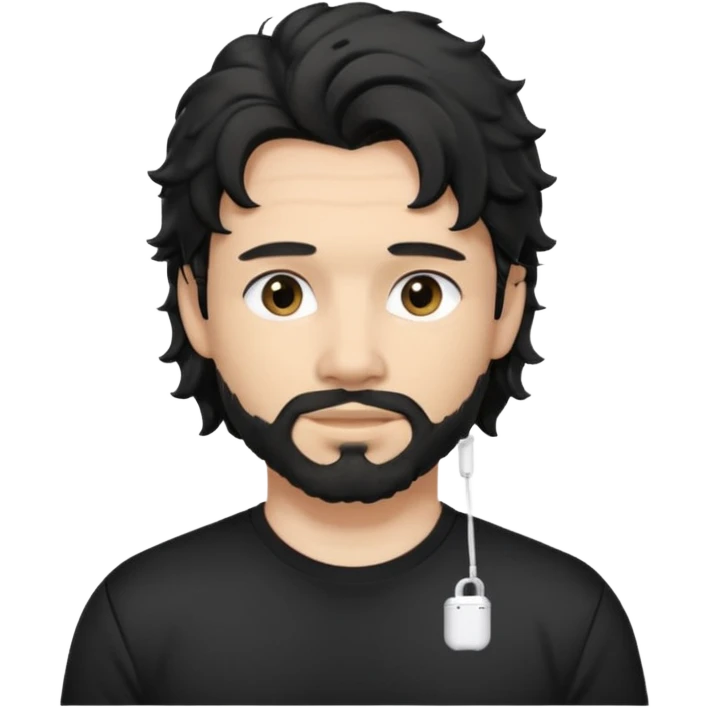 light skin man with black wavy hair and a mullet, faded beard, wearing a black t-shirt and AirPods emoji