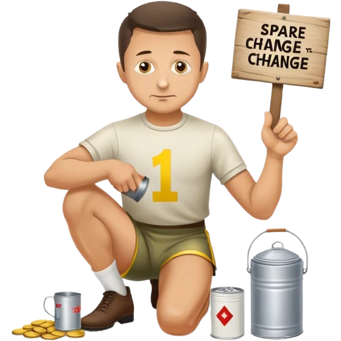 Volodymyr Zelenskyy on his knees with a tin cup and sign begging for “spare change”  emoji