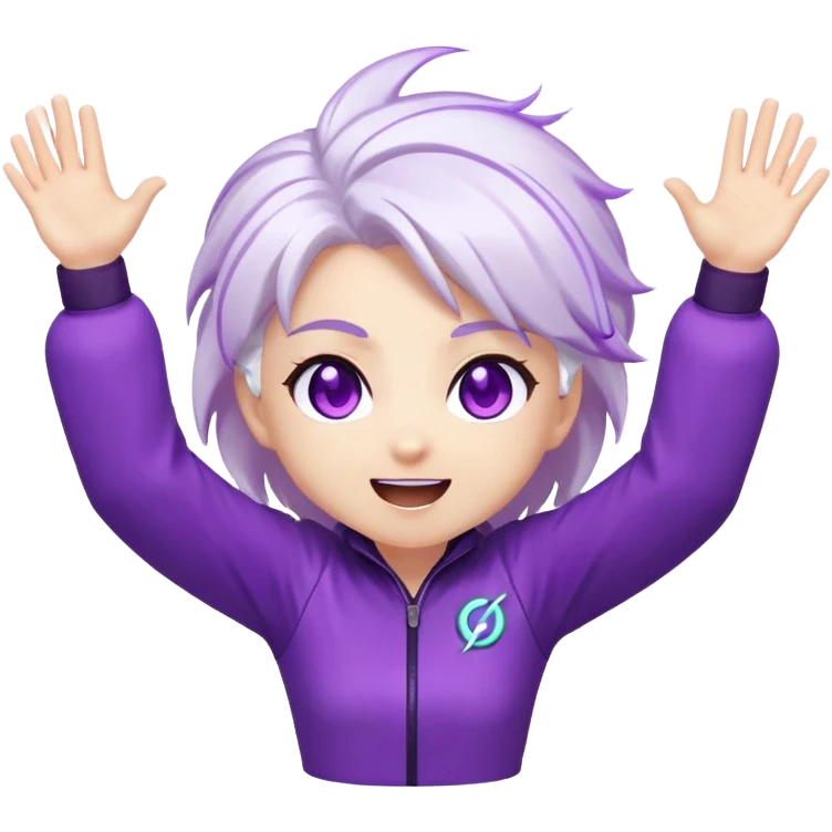 Chibi Sable Ward with excited hype expression, both arms raised high, eyes shining, white hair with purple streaks, fully purple eyes, energy effect around her, extremely excited emoji