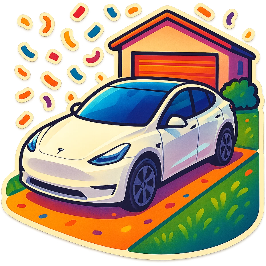 A Tesla Model Y parking in a home driveway with grass on the sides, from above, with confetti emoji