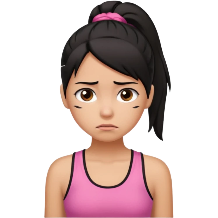 A tan girl with black hair in a ponytail. Wearing a pink tank top. Looking sad emoji