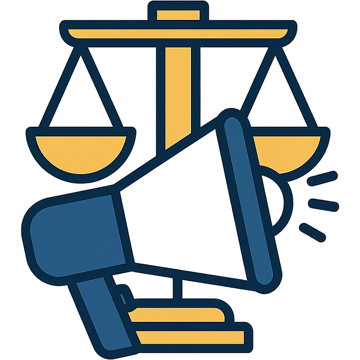 modern minimalist icon for advocacy consulting firm, megaphone in front of balanced scales of justice, navy blue white gold, conveys trust authority progress emoji