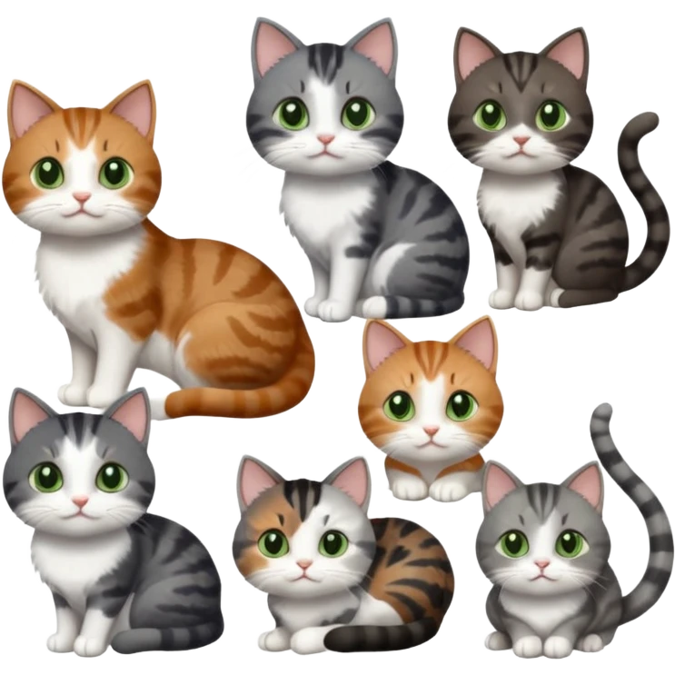 6 different coloured small cats including a dark grey and white, and a patchy calico, and a brown tabby and white,  and a completely solid dark grey with green eyes and only white paws emoji