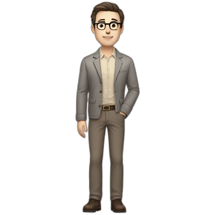 Full height Pale skinned Fit Man With dark brown hair in gray classic jacket, beige office shirt, Brown pants and vintage glasses. Thrumbs of his palms upwards emoji