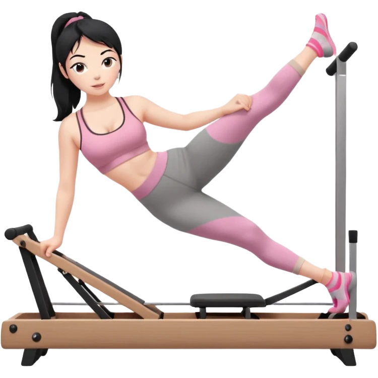 Create a Pilates emoji: a girl with fair skin and black hair, wearing a grey bra and grey leggings with pink pilates socks, exercising on a wooden reformer and not looking at the camera. Make the colors neutrals. emoji