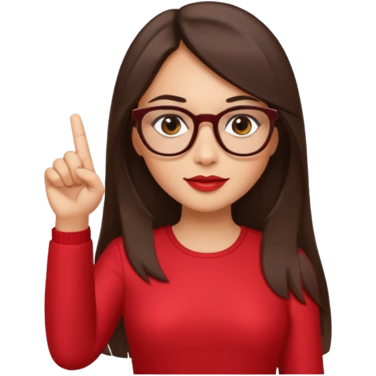 brown-eyed brunette with long straight hair, wearing glasses, with slightly plump lips, pointing with her right hand and finger up to the left, wearing a red dress emoji