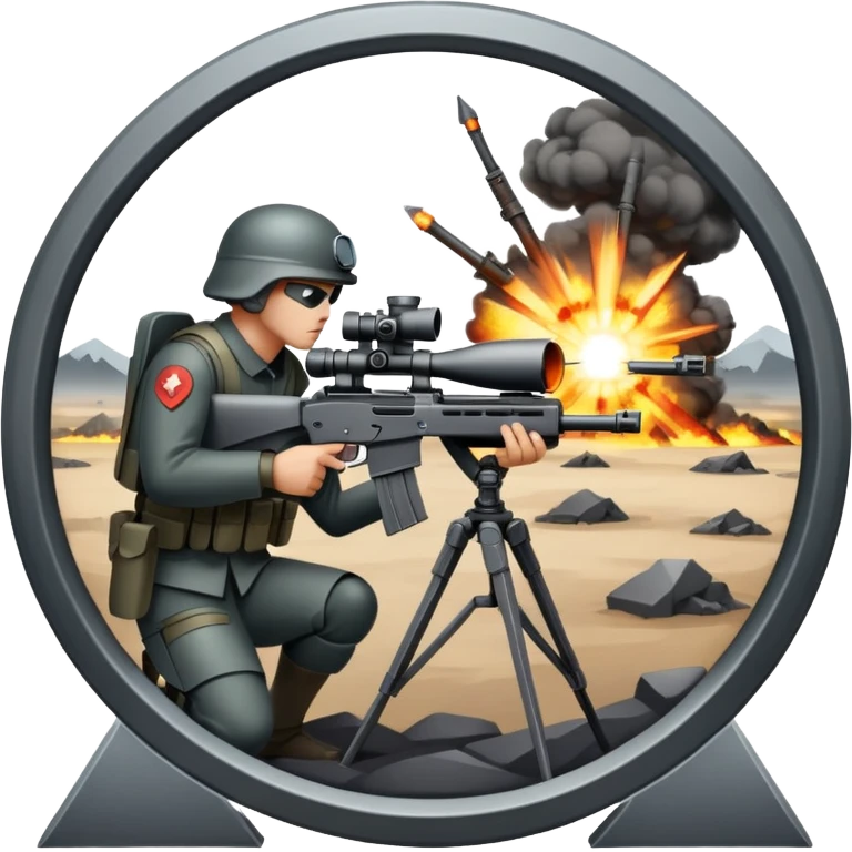 An icon featuring the crosshairs of an automatic rifle in the foreground, with a battlefield in the background. The design captures the intense focus of a first-person shooter game, with soldiers and explosions visible through the sights. Transparent background. emoji