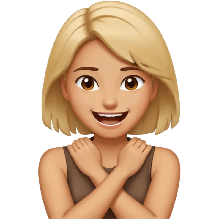 Girl putting her hands crossed on her neck laughing but kinda angry emoji
