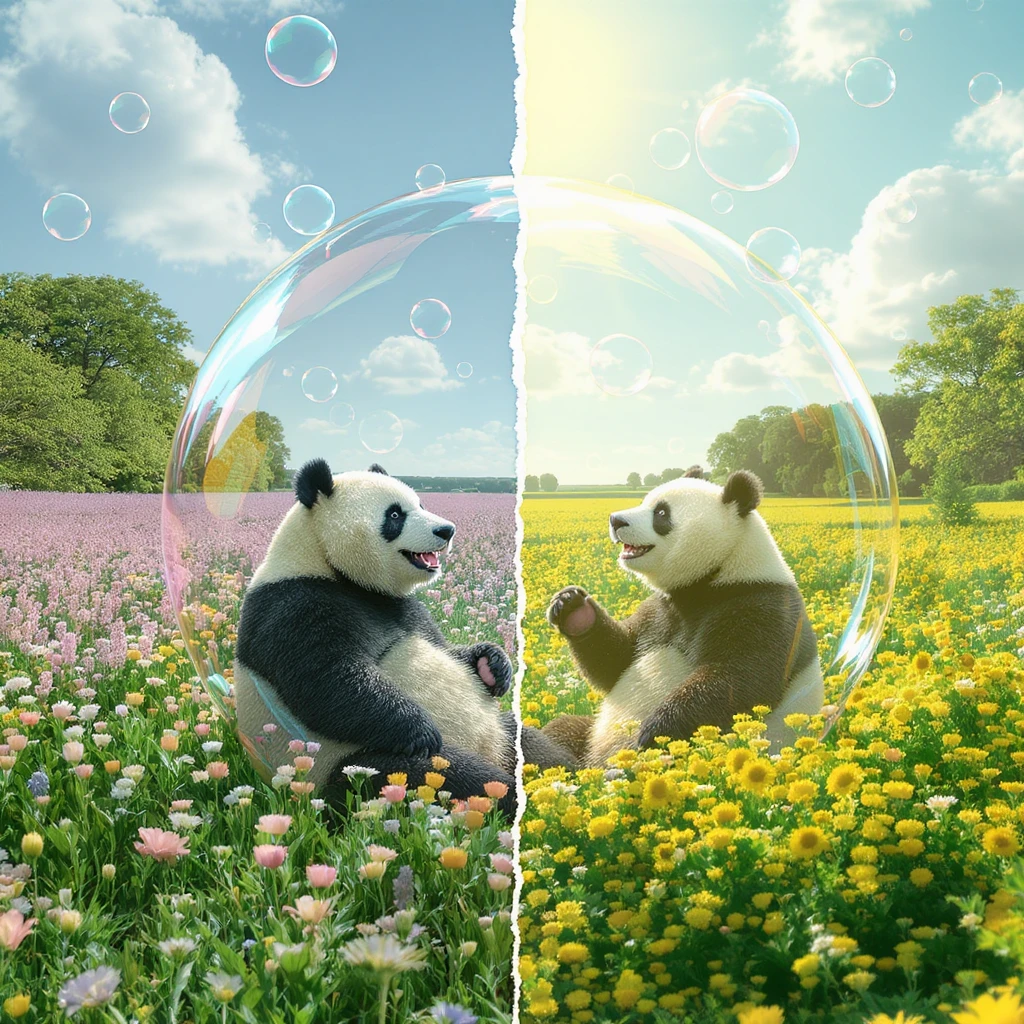 Cinematic still pandas bears sitting inside bubbles flying over field full of flowers, sunny summer day, happy vibe, minimalisic, composition splited to half (sky and flowers) emoji